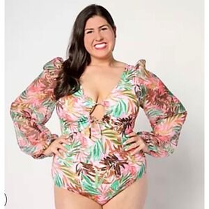 Kim Gravel x Swimsuits For All Tropical Puff Sleeve One Piece Swimsuit 22W NEW